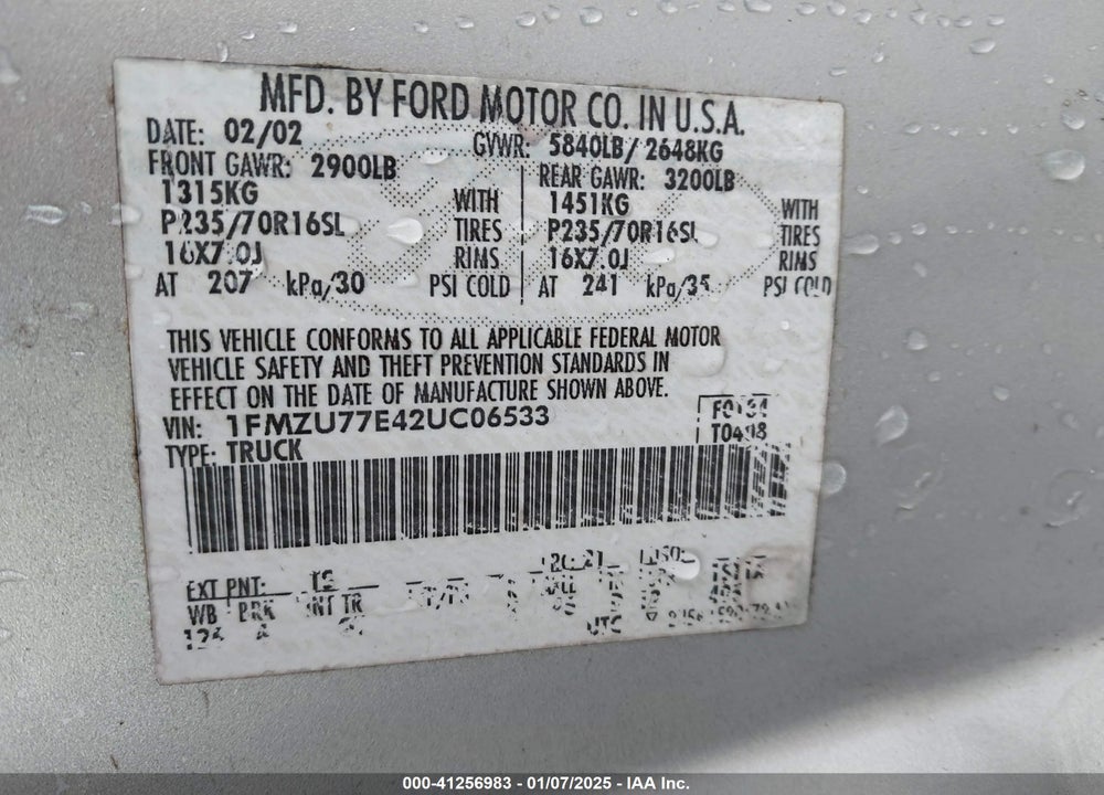 2002 FORD EXPLORER SPORT TRAC VIN: 1FMZU77E42UC06533