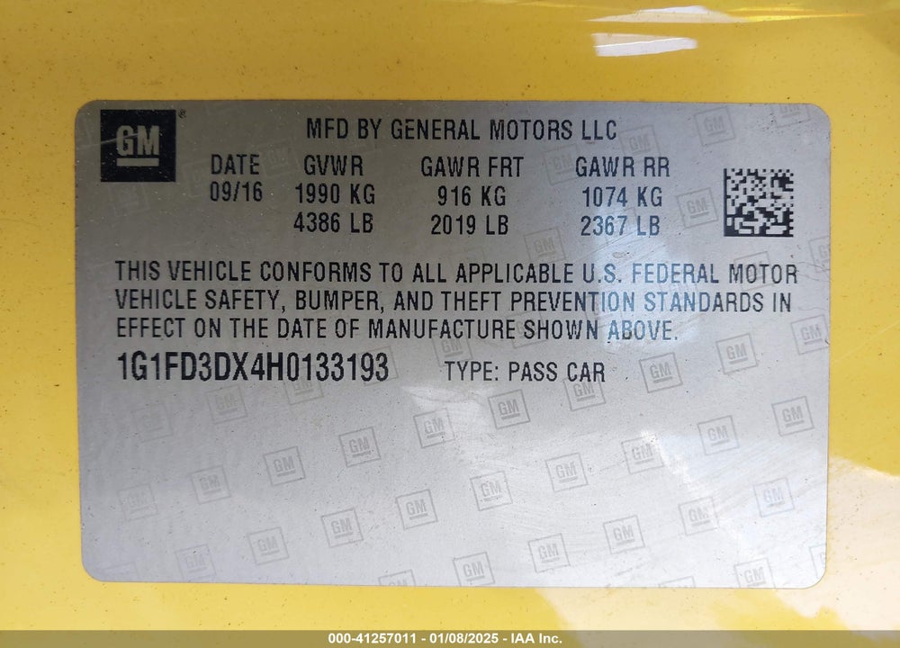 2017 CHEVROLET CAMARO 2LT VIN: 1G1FD3DX4H0133193