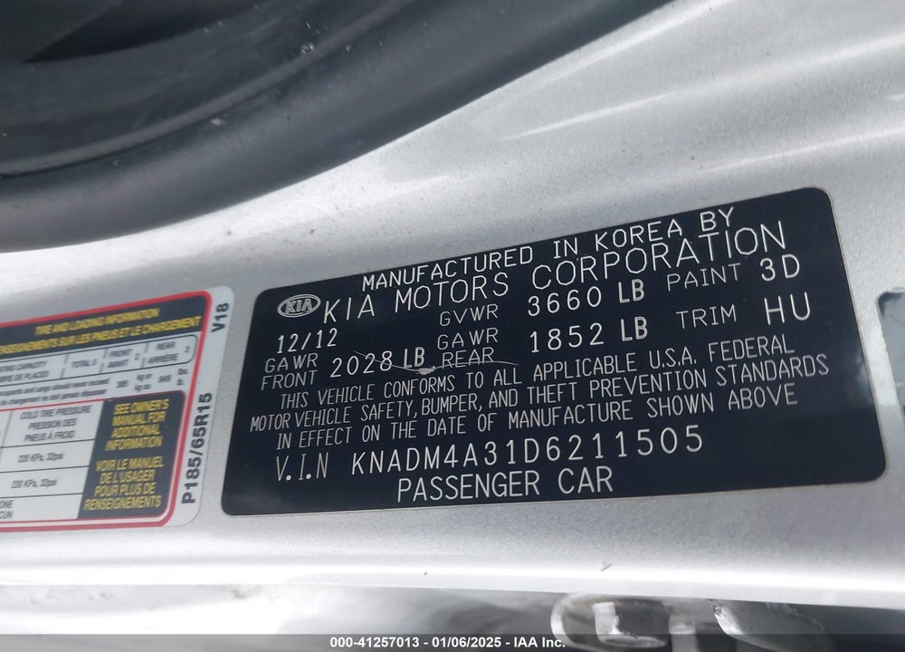 2013 KIA RIO VIN: KNADM4A31D6211505