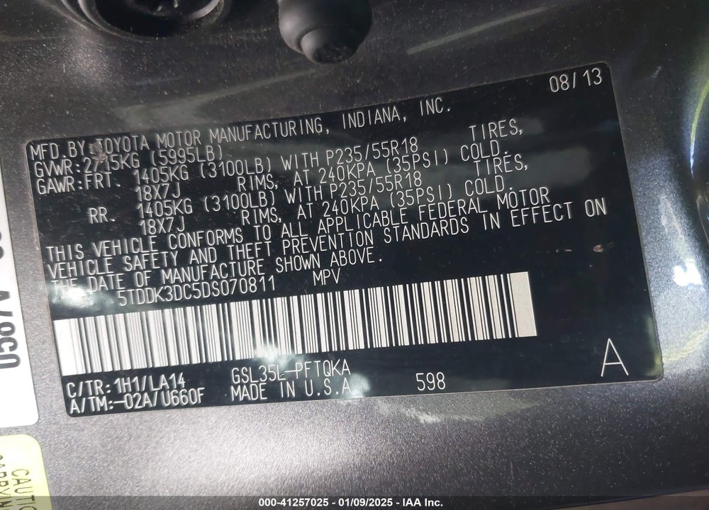 2013 TOYOTA SIENNA VIN: 5TDDK3DC5DS070811