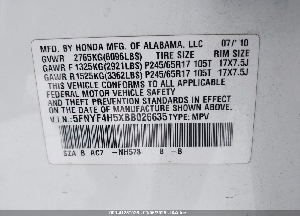 2011 HONDA PILOT EX-L VIN: 5FNYF4H5XBB026635