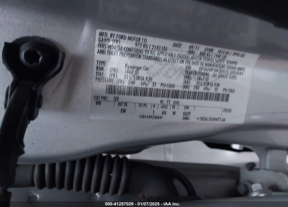 2012 FORD FOCUS VIN: 1FAHP3K2XCL252541