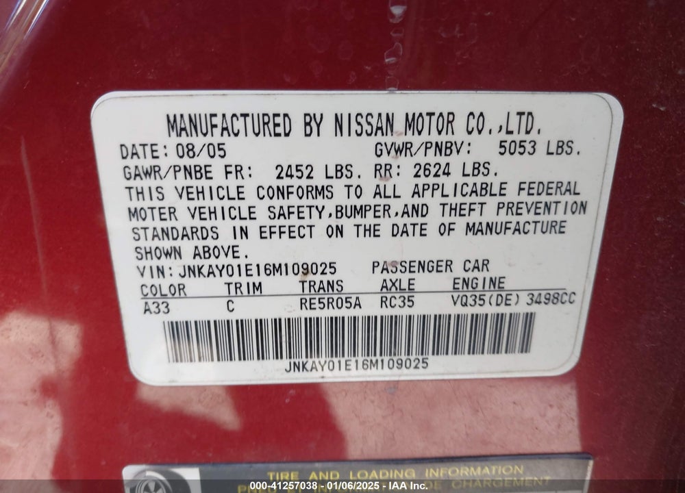 2006 INFINITI M35 VIN: JNKAY01E16M109025