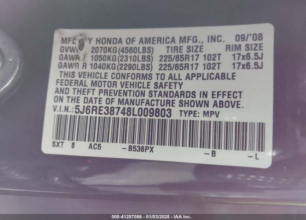 2008 HONDA CR-V EX-L VIN: 5J6RE38748L009803