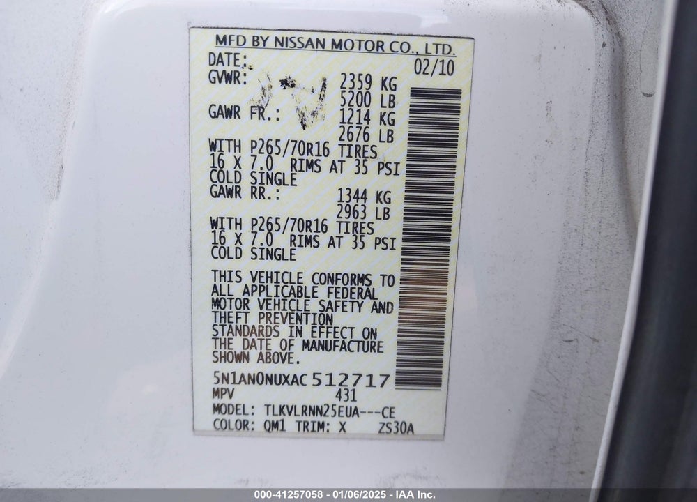 2010 NISSAN XTERRA S VIN: 5N1AN0NUXAC512717