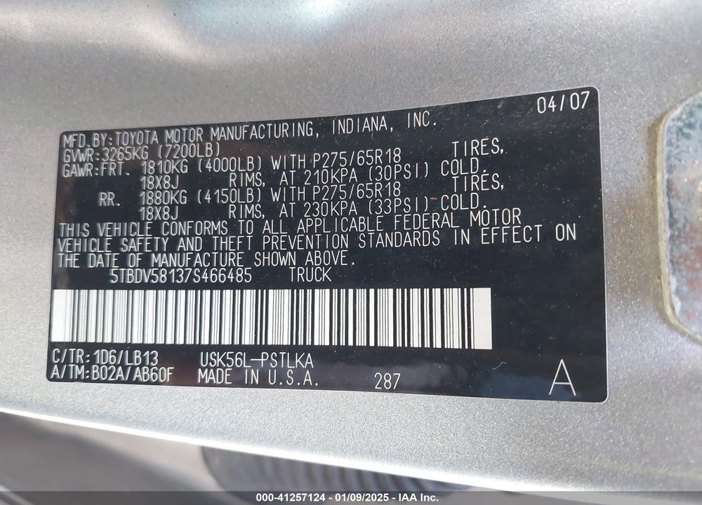 2007 TOYOTA TUNDRA LIMITED 5.7L V8 VIN: 5TBDV58137S466485