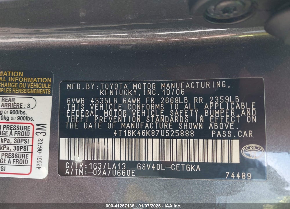 2007 TOYOTA CAMRY XLE V6 VIN: 4T1BK46K87U525888