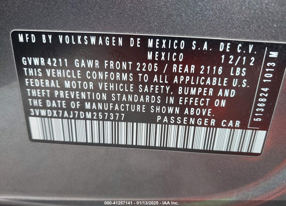 2013 VOLKSWAGEN JETTA VIN: 3VWDX7AJ7DM257377