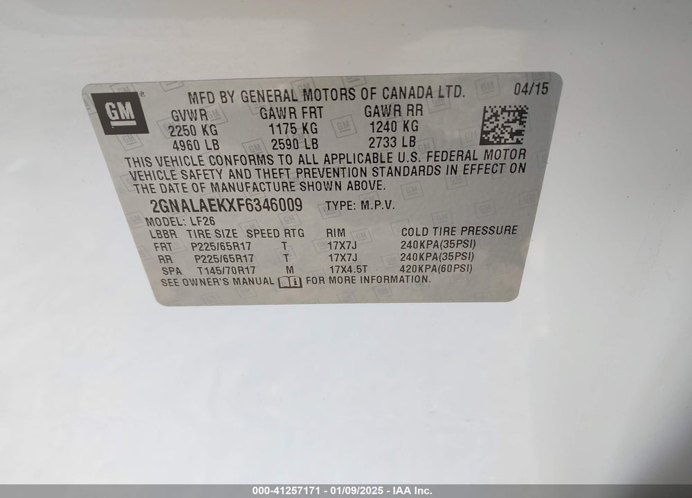 2015 CHEVROLET EQUINOX LS VIN: 2GNALAEKXF6346009