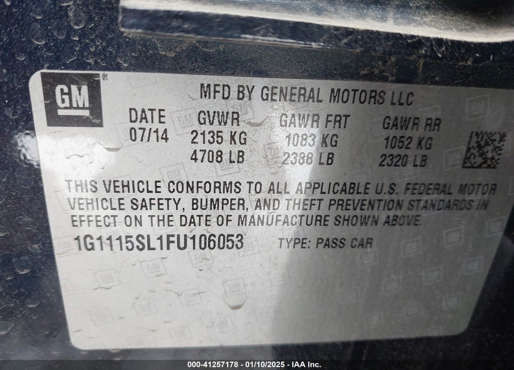 2015 CHEVROLET IMPALA 1LT VIN: 1G1115SL1FU106053