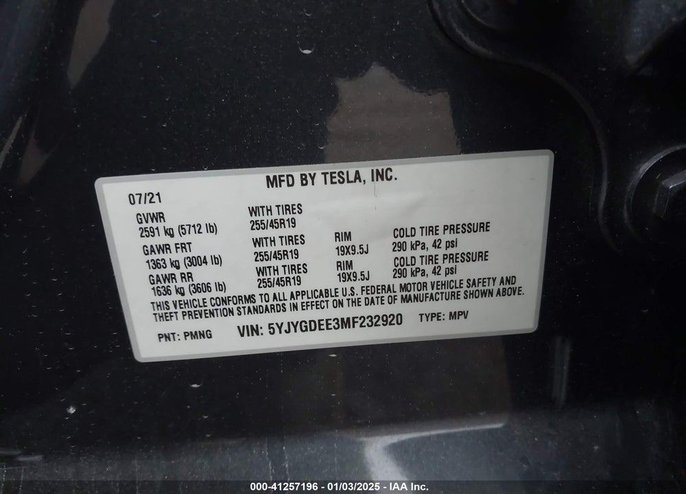 2021 TESLA MODEL Y LONG RANGE DUAL MOTOR ALL-WHEEL DRIVE VIN: 5YJYGDEE3MF232920