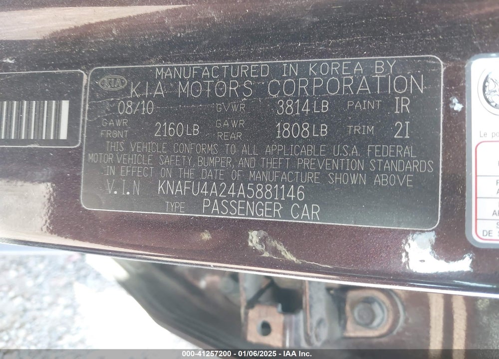 2010 KIA FORTE EX VIN: KNAFU4A24A5881146