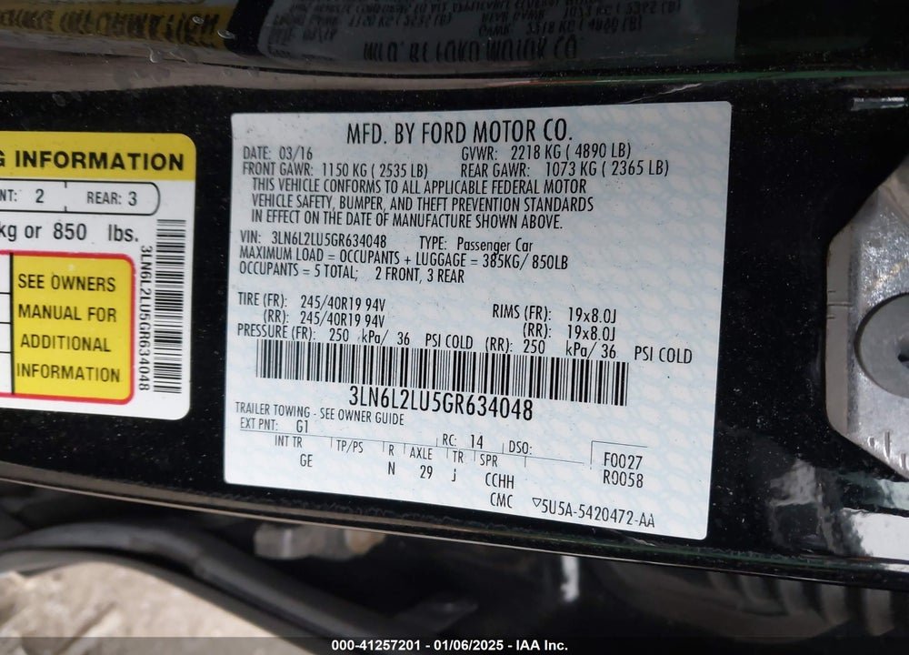 2016 LINCOLN MKZ HYBRID VIN: 3LN6L2LU5GR634048