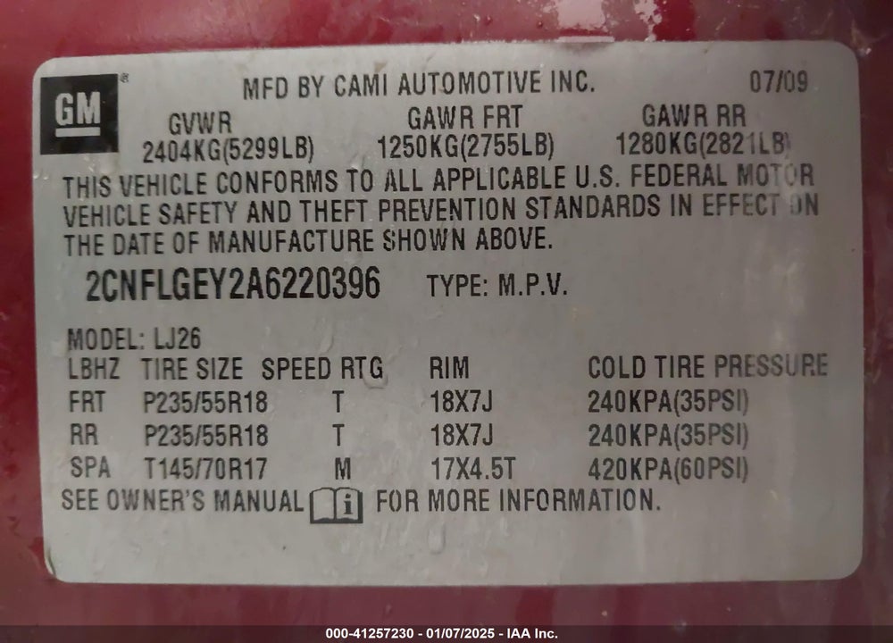 2010 CHEVROLET EQUINOX LTZ VIN: 2CNFLGEY2A6220396