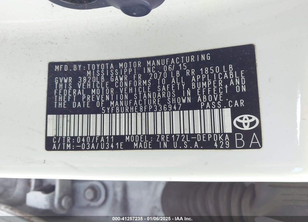 2015 TOYOTA COROLLA L VIN: 5YFBURHE8FP336947