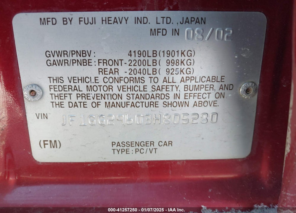 2003 SUBARU IMPREZA WRX VIN: JF1GG29603H805280