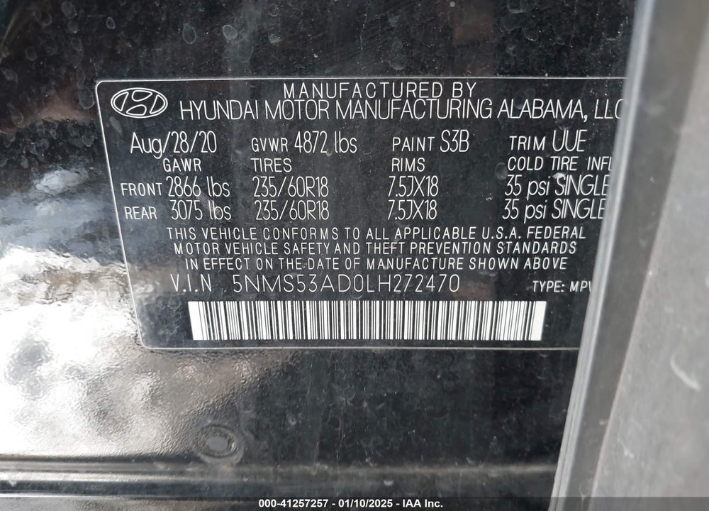 2020 HYUNDAI SANTA FE LIMITED VIN: 5NMS53AD0LH272470