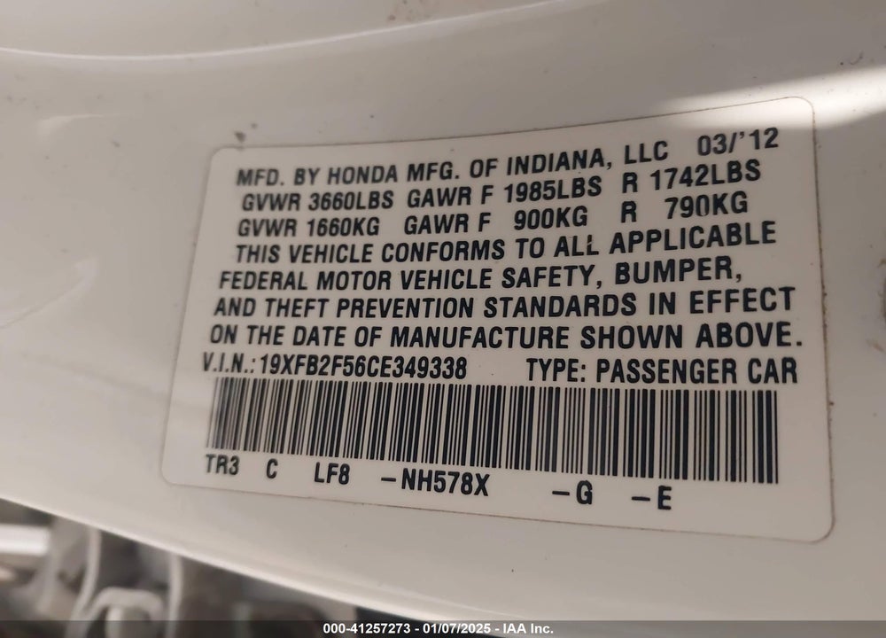 2012 HONDA CIVIC SDN VIN: 19XFB2F56CE349338
