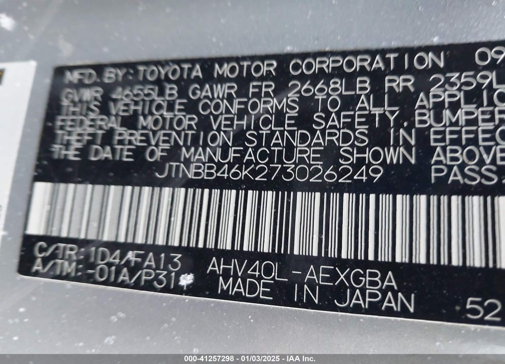2007 TOYOTA CAMRY HYBRID VIN: JTNBB46K273026249