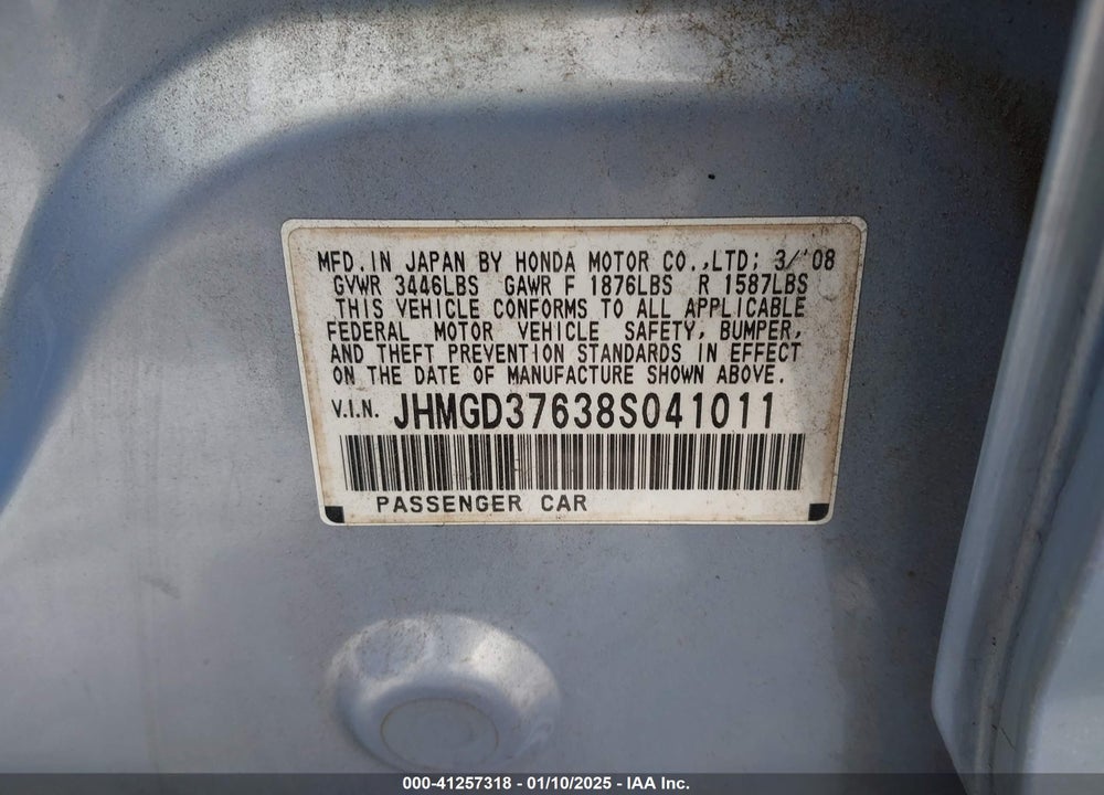 2008 HONDA FIT SPORT VIN: JHMGD37638S041011
