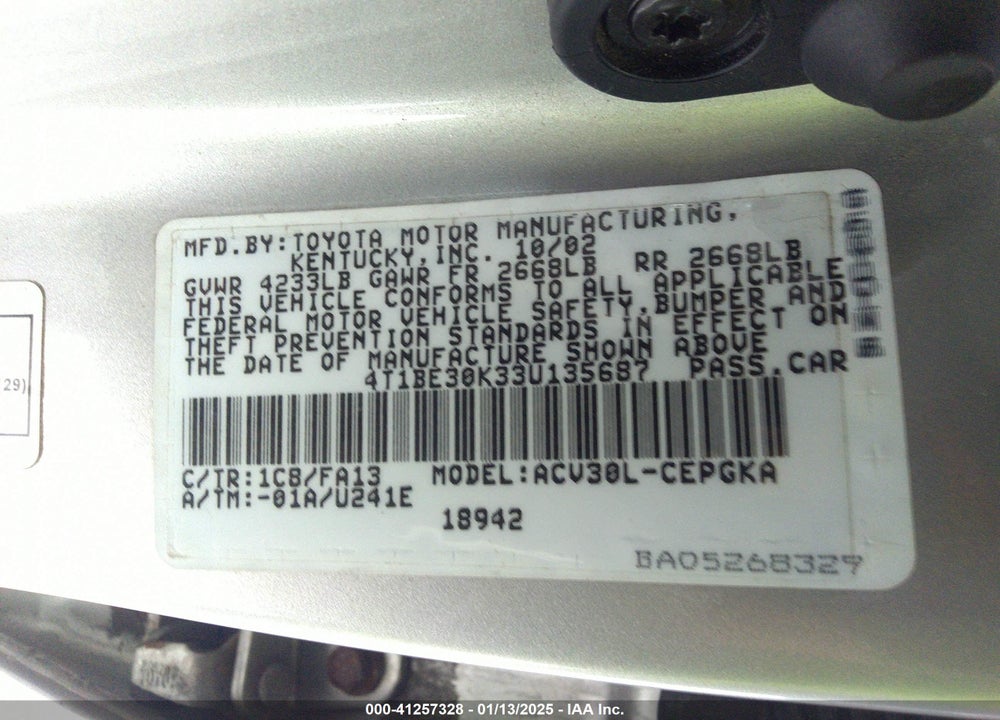 2003 TOYOTA CAMRY XLE VIN: 4T1BE30K33U135687