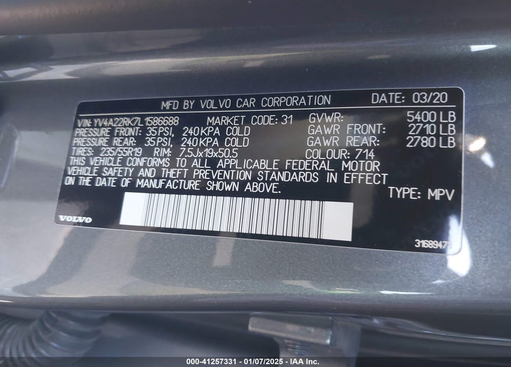 2020 VOLVO XC60 T6 MOMENTUM VIN: YV4A22RK7L1586688