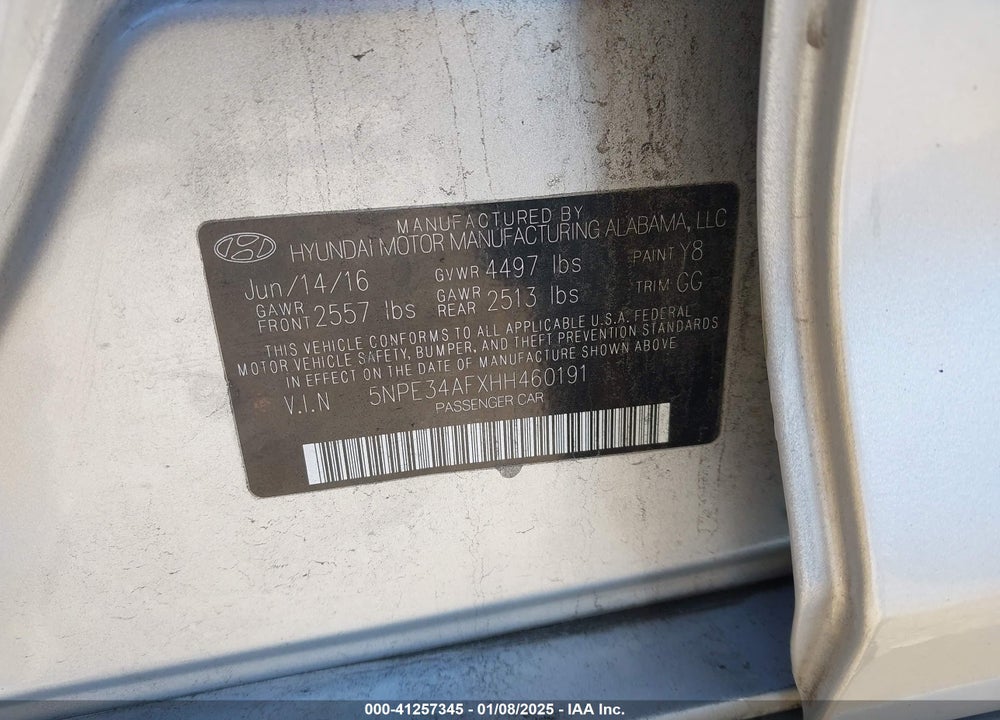 2017 HYUNDAI SONATA VIN: 5NPE34AFXHH460191