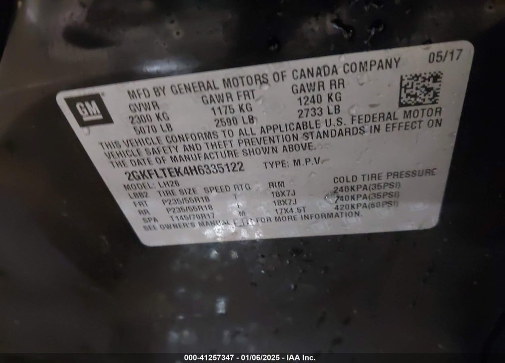 2017 GMC TERRAIN VIN: 2GKFLTEK4H6335122