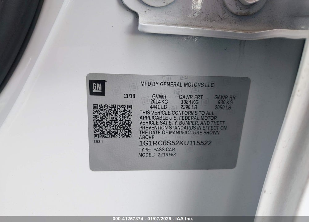 2019 CHEVROLET VOLT LT VIN: 1G1RC6S52KU115522