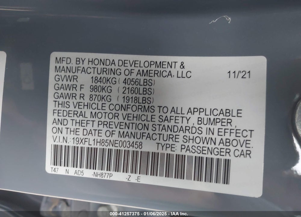 2022 HONDA CIVIC SPORT TOURING VIN: 19XFL1H85NE003458