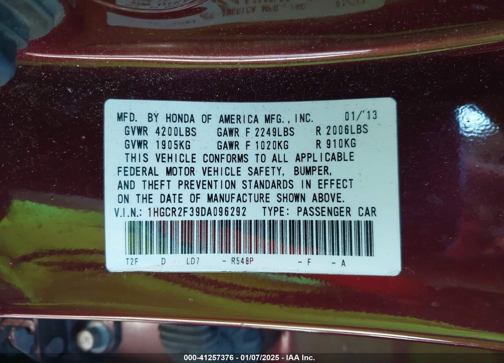 2013 HONDA ACCORD LX VIN: 1HGCR2F39DA096292