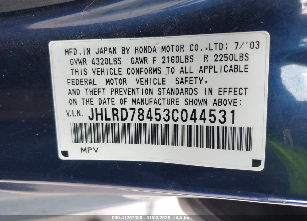 2003 HONDA CR-V LX VIN: JHLRD78453C044531