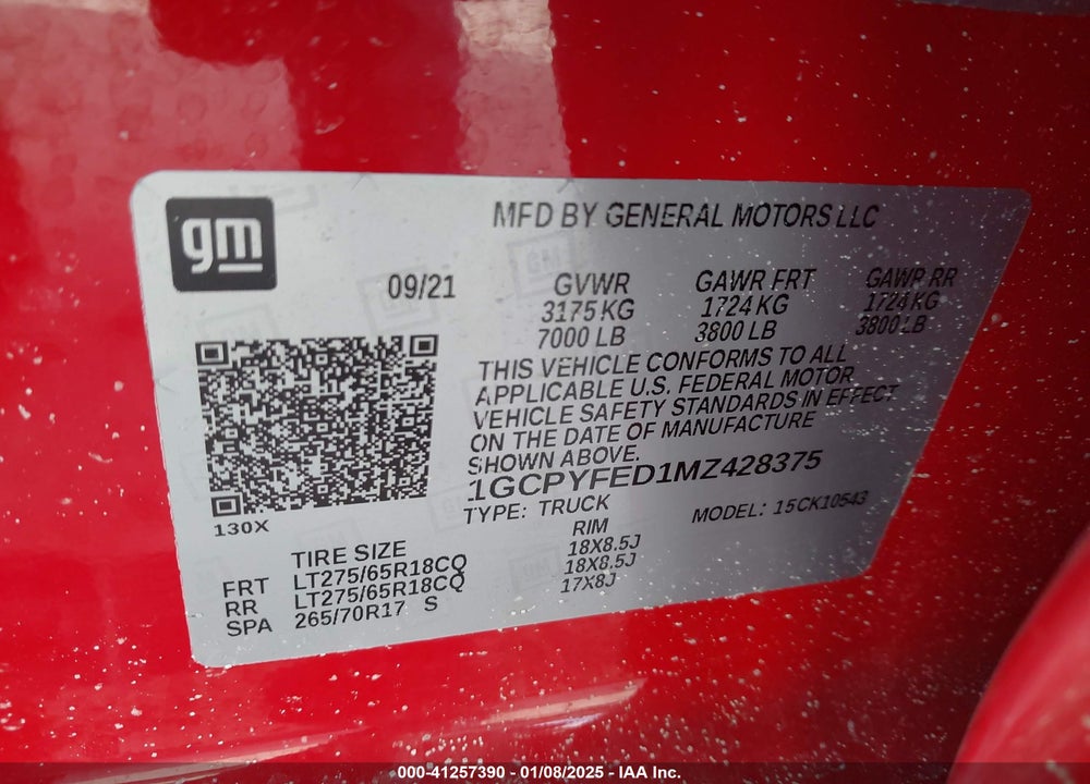 2021 CHEVROLET SILVERADO VIN: 1GCPYFED1MZ428375
