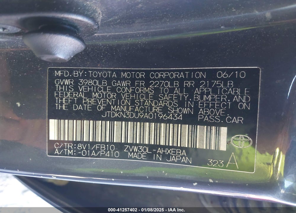 2010 TOYOTA PRIUS VIN: JTDKN3DU9A0196434