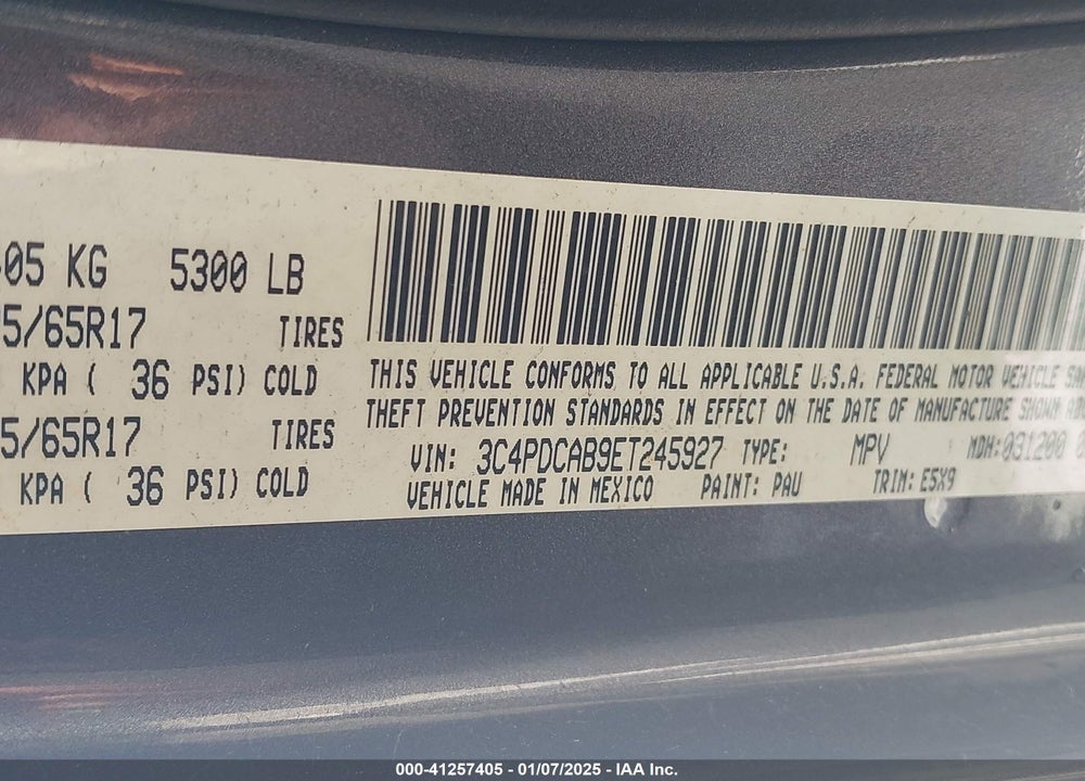 2014 DODGE JOURNEY VIN: 3C4PDCAB9ET245927