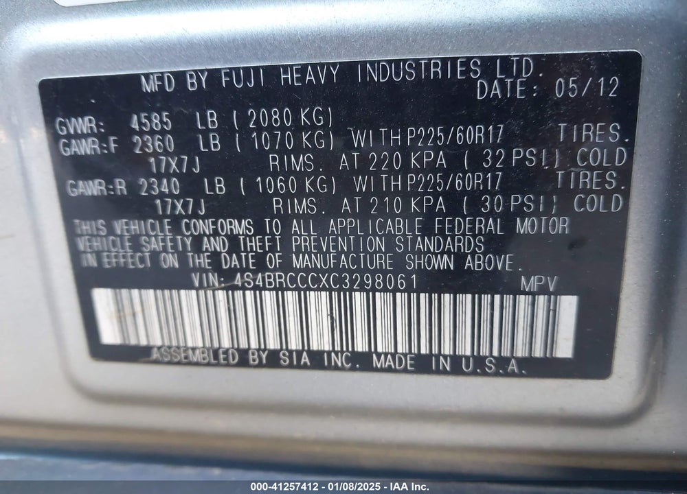 2012 SUBARU OUTBACK 2.5I PREMIUM VIN: 4S4BRCCCXC3298061