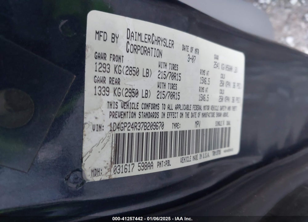 2007 DODGE GRAND CARAVAN SE VIN: 1D4GP24R37B209670