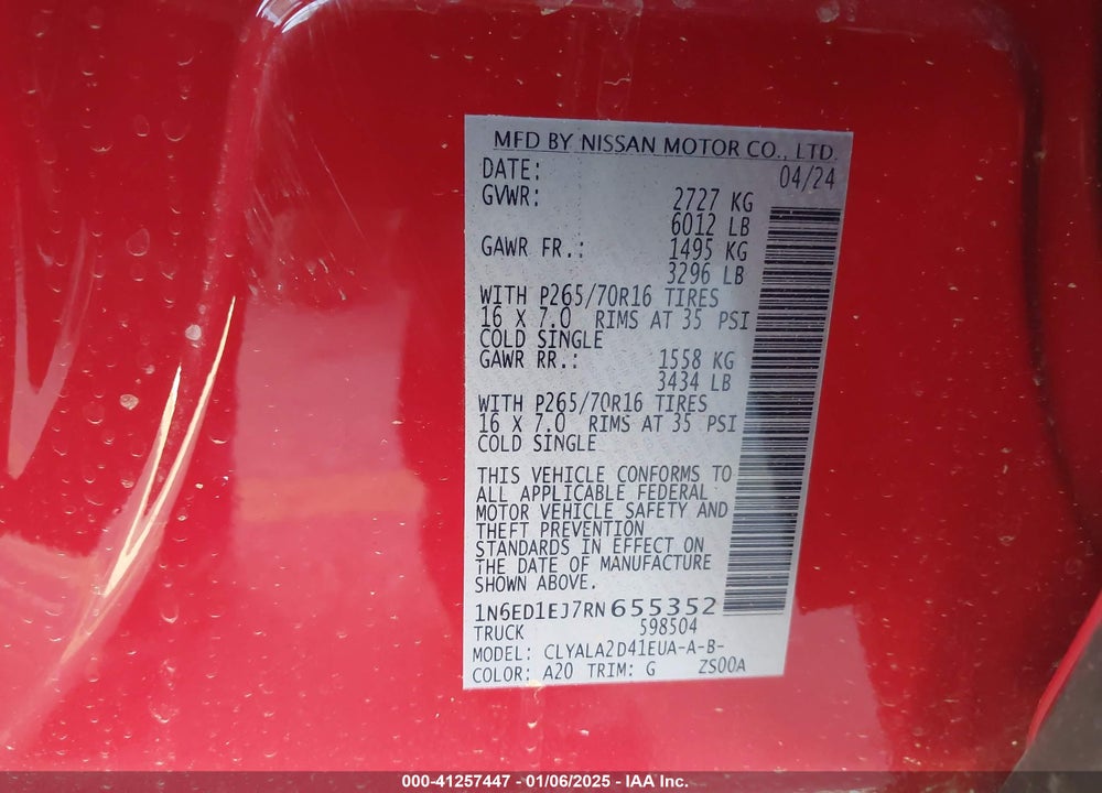2024 NISSAN FRONTIER S 4X2 VIN: 1N6ED1EJ7RN655352