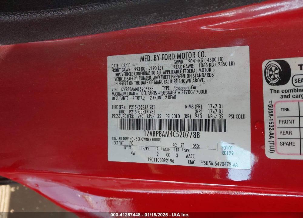 2012 FORD MUSTANG VIN: 1ZVBP8AM4C5207788