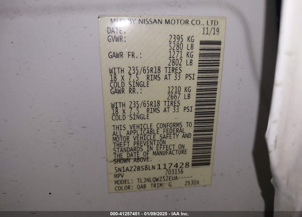 2020 NISSAN MURANO SV INTELLIGENT AWD VIN: 5N1AZ2BS8LN117428