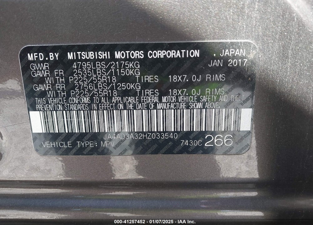 2017 MITSUBISHI OUTLANDER VIN: JA4AD3A32HZ033540