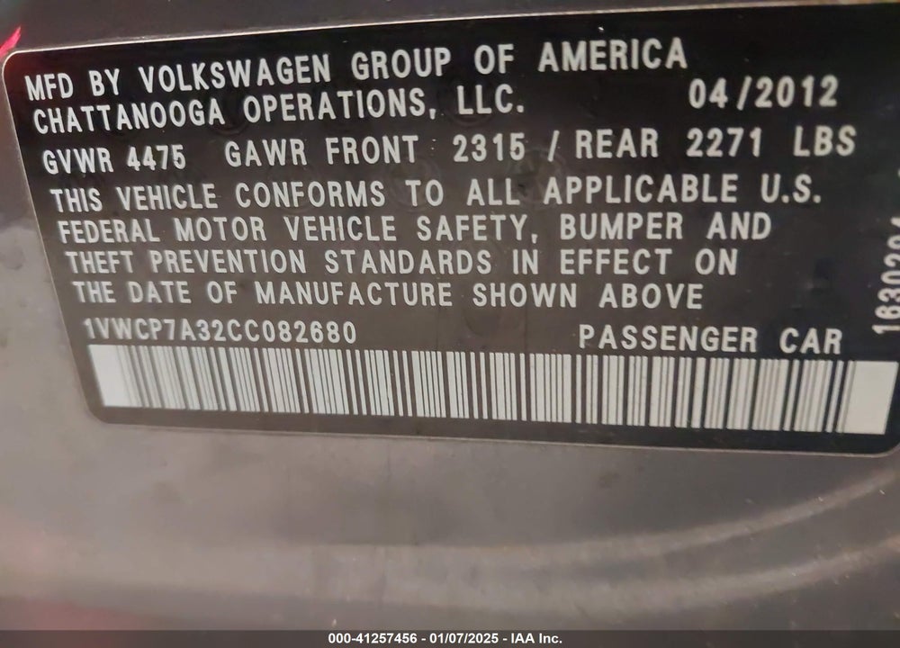 2012 VOLKSWAGEN PASSAT 2.5L SEL PREMIUM VIN: 1VWCP7A32CC082680