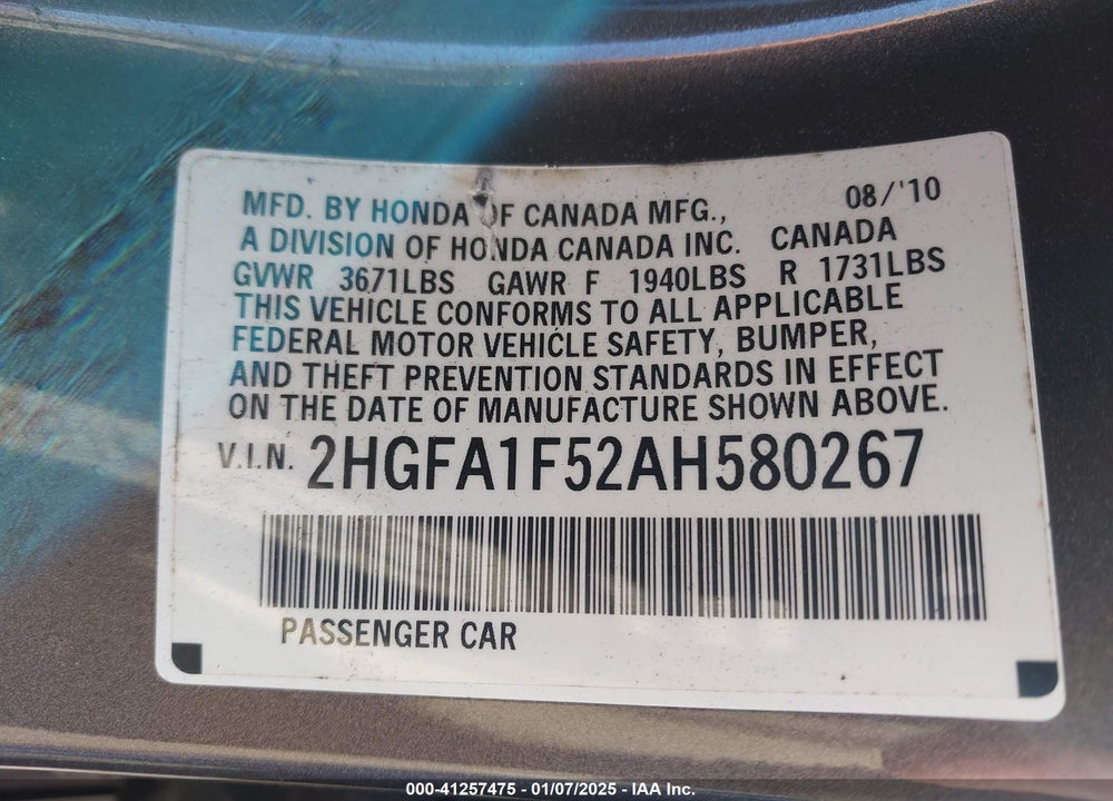 2010 HONDA CIVIC VIN: 2HGFA1F52AH580267
