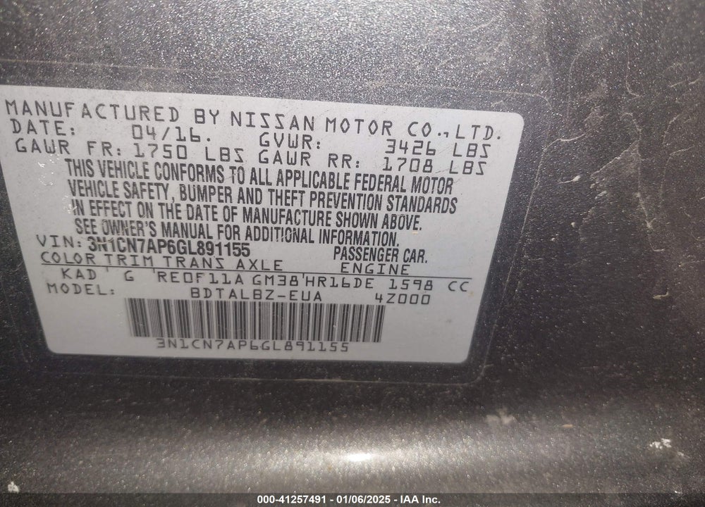 2016 NISSAN VERSA VIN: 3N1CN7AP6GL891155