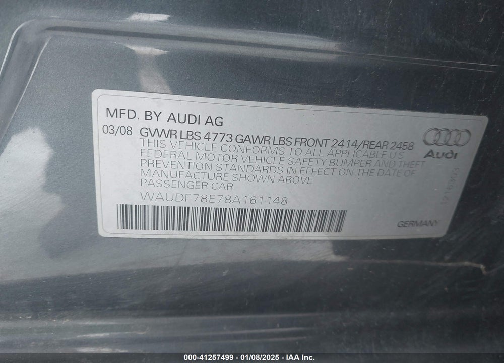 2008 AUDI A4 VIN: WAUDF78E78A161148