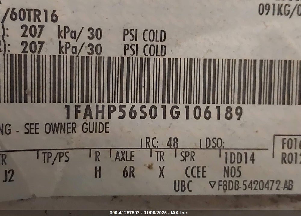 2001 FORD TAURUS SEL VIN: 1FAHP56S01G106189