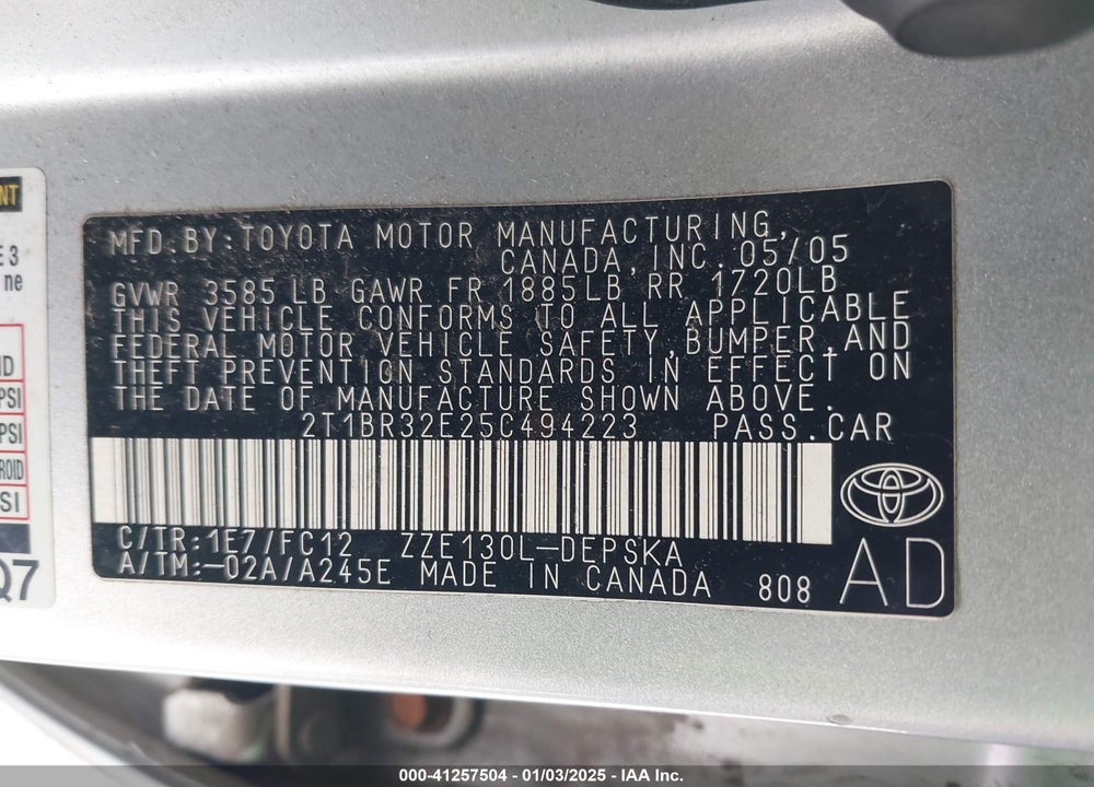 2005 TOYOTA COROLLA S VIN: 2T1BR32E25C494223