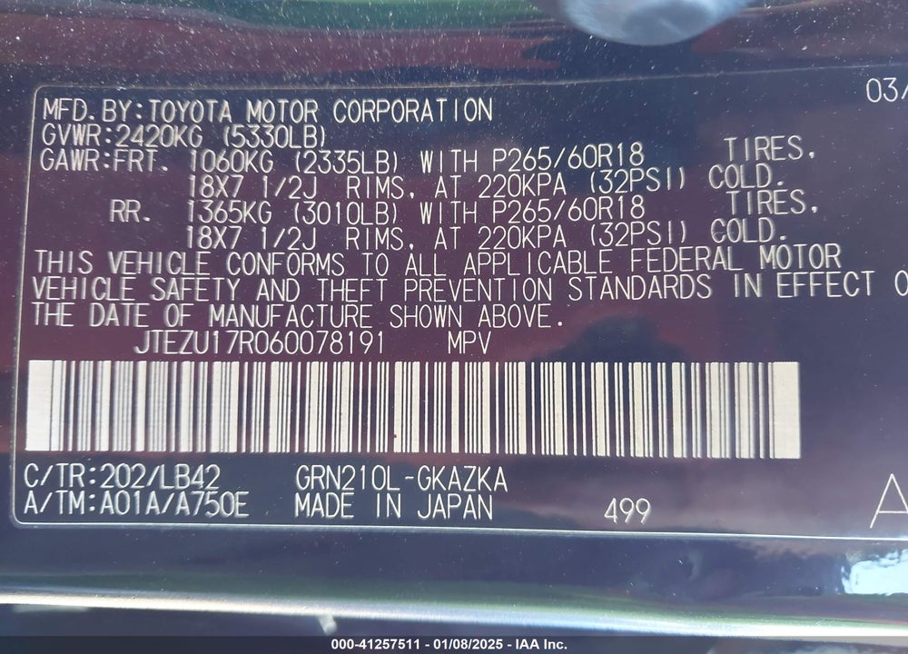 2006 TOYOTA 4RUNNER LIMITED V6 VIN: JTEZU17R060078191