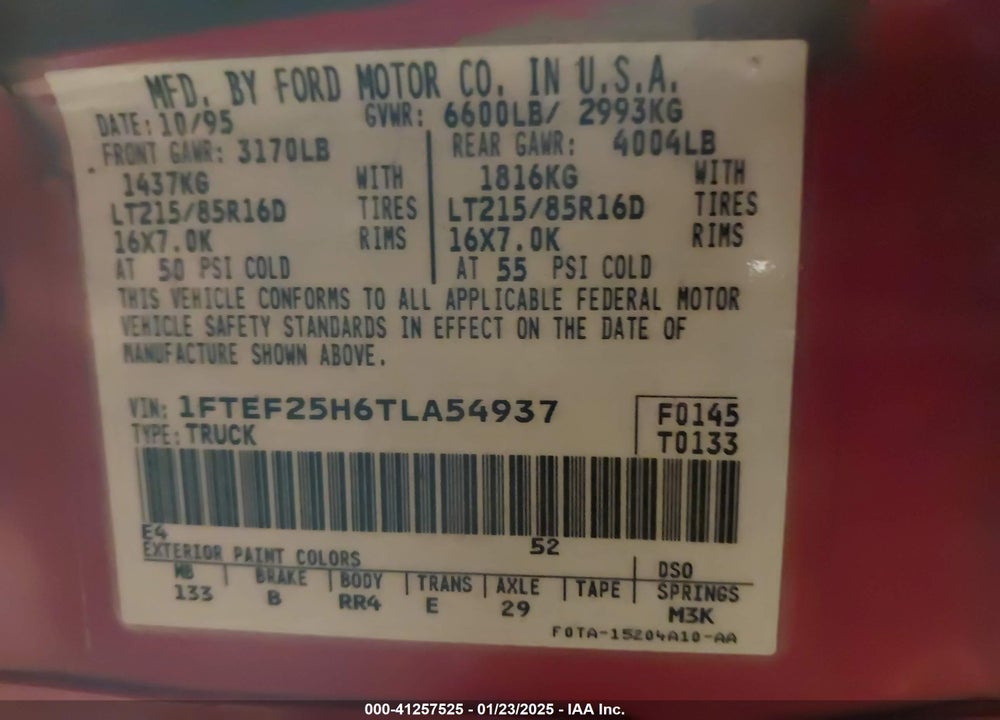 1996 FORD F250 VIN: 1FTEF25H6TLA54937