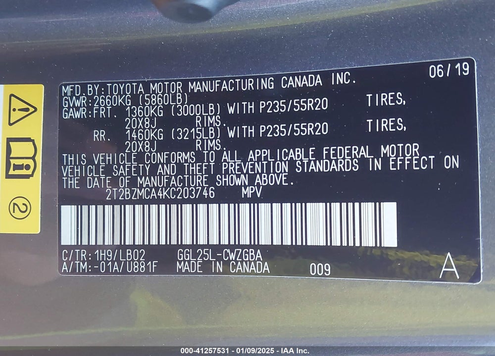 2019 LEXUS RX 350 VIN: 2T2BZMCA4KC203746